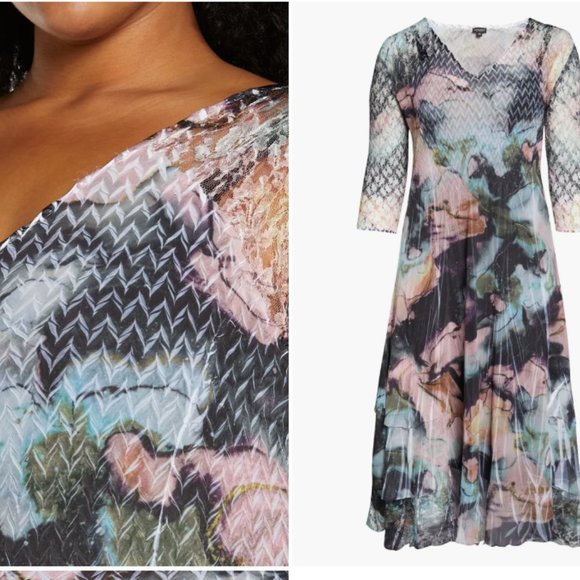 KOMAROV WATER COLOR FLORAL CHARMEUSE & CHIFFON V-NECK STARDUST MIDI DRESS XL - Picture 3 of 6